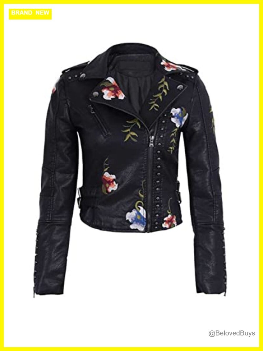 Women's Embroidered Studded Faux Leather Moto Jacket Floral Punk Coat